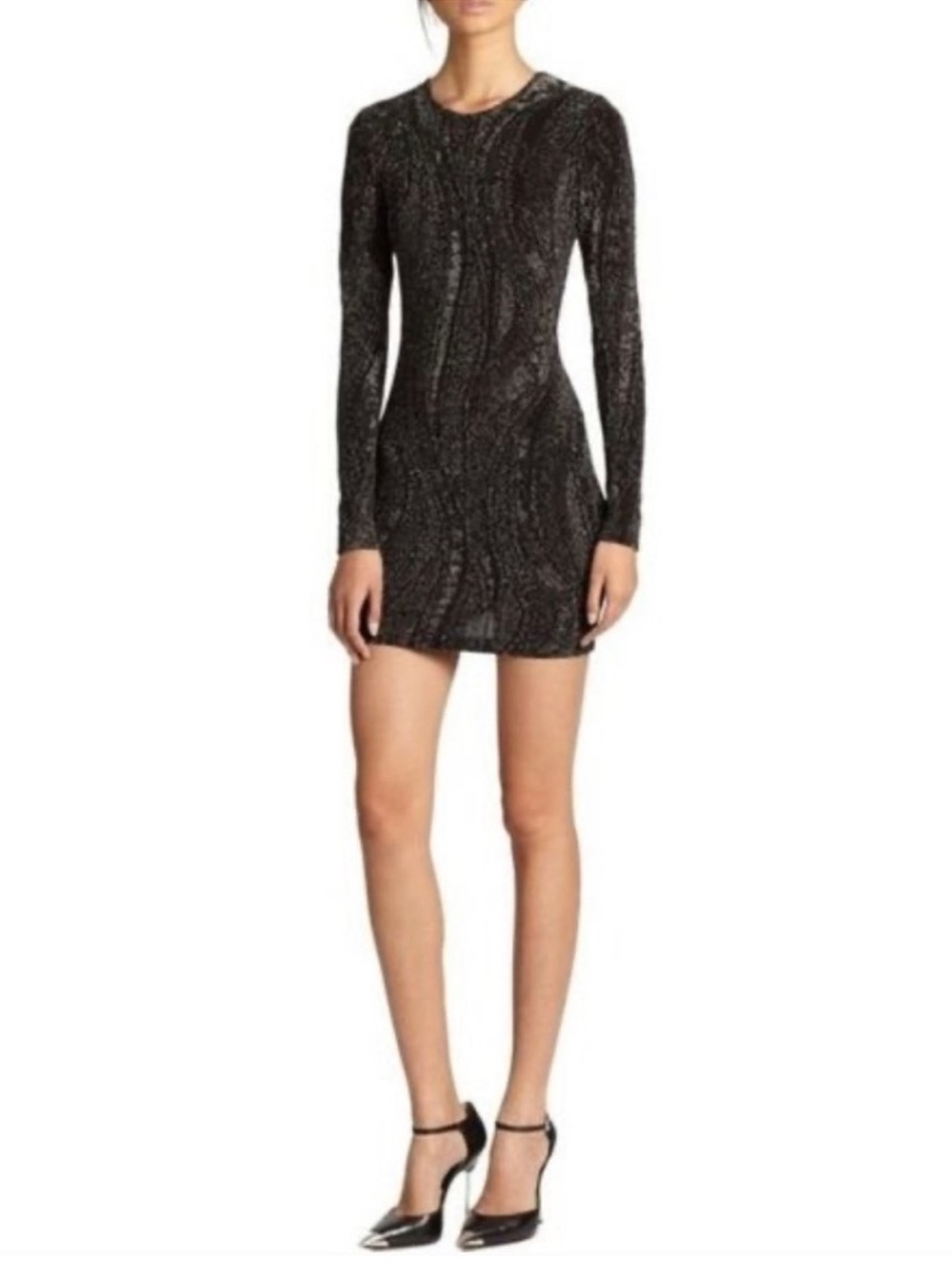 Torn by Ronny Kobo Black Silver metallic Long-Sleeve Mini bodycon Dress